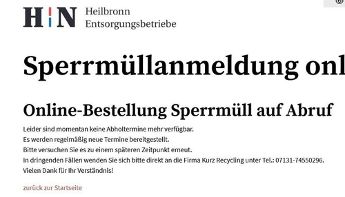 Keine Abholungstermine für Sperrmüll in Heilbronn buchbar